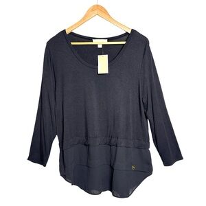 MICHAEL KORS 3/4 sleeve with semi sheer layered blouse black XL  NWT